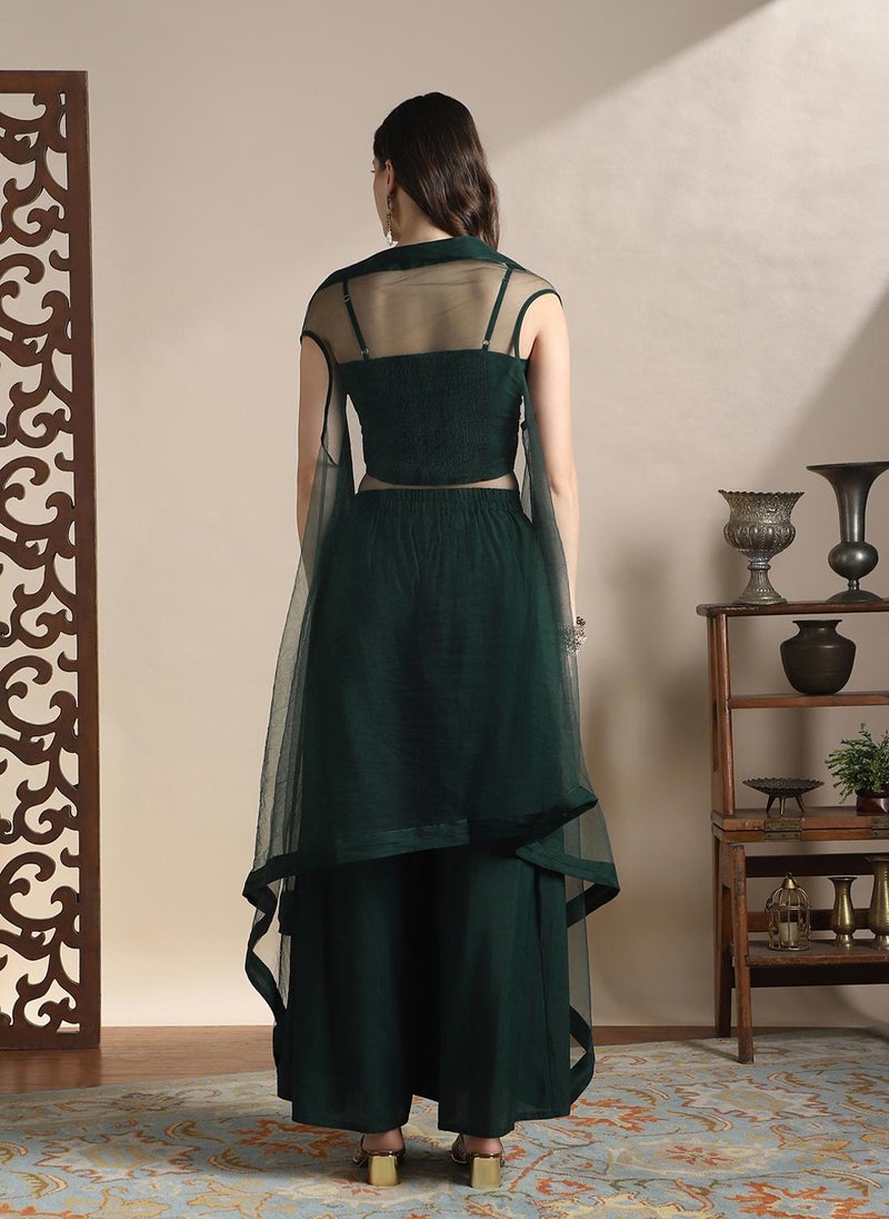 Globus Women Green Strappy Sleeve Sequin Embroidered Crop Top With Flared Palazzos & Asymmetric Hem Shrug Festive Coords Set - Image 4